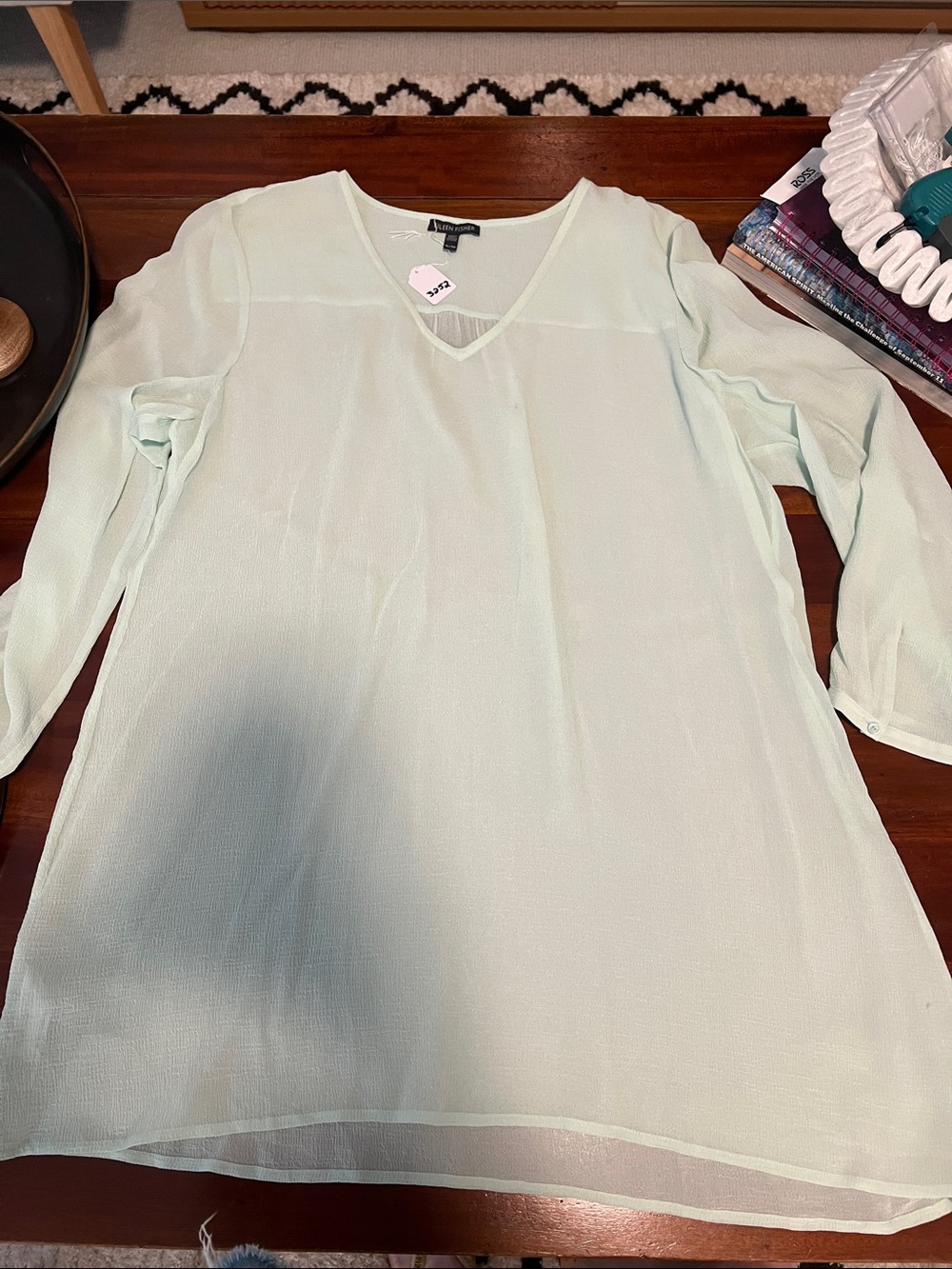 Eileen Fisher Pale Mint Silk  V-Neck Long-Sleeve Tunic